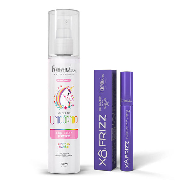 Kit protetor térmico magia de unicórnio e modelador de fios xô frizz forever liss